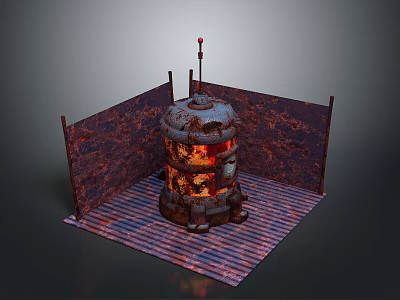 Rusted Industrial Equipment With Glowing Interior Metal Enclosure And Red Top Rod 3d model