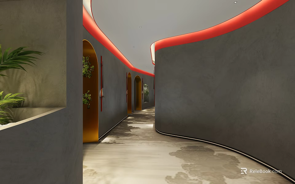 Modern Hotel Corridor With Curved Gray Walls Red Accent Lines And Plant Decor 3d model 