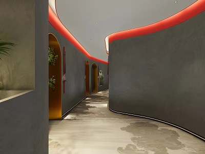Modern Hotel Corridor With Curved Gray Walls Red Accent Lines And Plant Decor 3d model