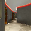 Modern Hotel Corridor With Curved Gray Walls Red Accent Lines And Plant Decor