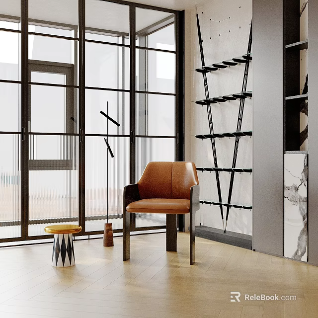 Indoor Living Space With Inflatable Decor Black Metal Shelves And Brown Leather Chair 3d model 
