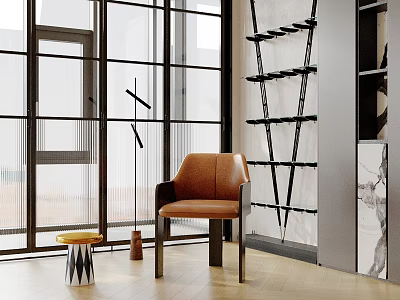 Indoor Living Space With Inflatable Decor Black Metal Shelves And Brown Leather Chair 3d model