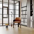Indoor Living Space With Inflatable Decor Black Metal Shelves And Brown Leather Chair