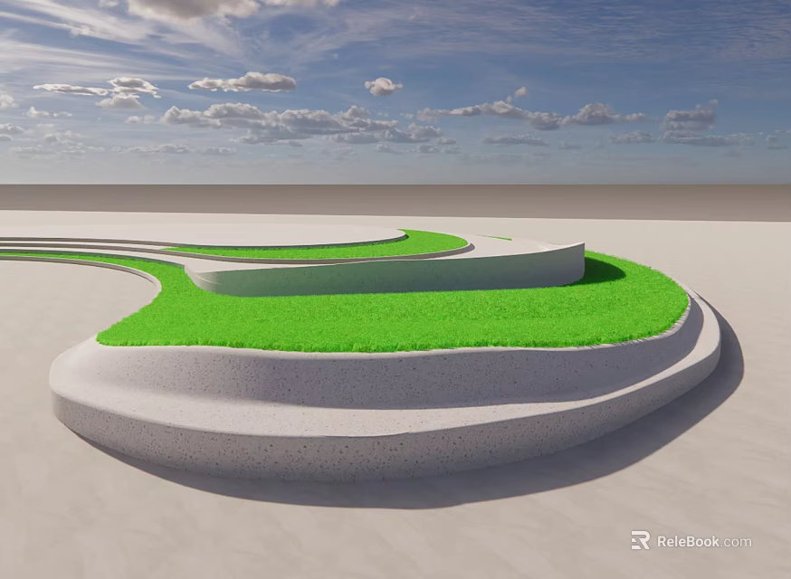 Modern Curved Landscape Seating With Green Grass Top Against Blue Sky And Cloudy Background 3d model 