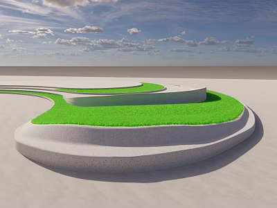 Modern Curved Landscape Seating With Green Grass Top Against Blue Sky And Cloudy Background 3d model
