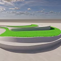 Modern Curved Landscape Seating With Green Grass Top Against Blue Sky And Cloudy Background