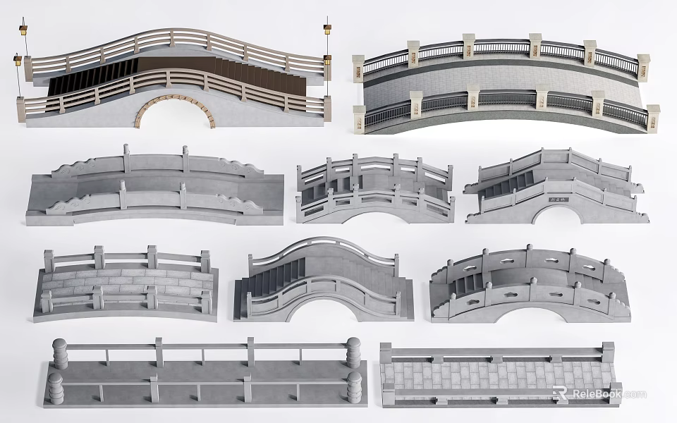 Various Landscape Bridge Models With Diverse Designs Railings And Structural Styles 3d model