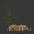 Small Tree With Green Leaves Next To Thatched Roof Cottage Model On Gray Gravel Ground