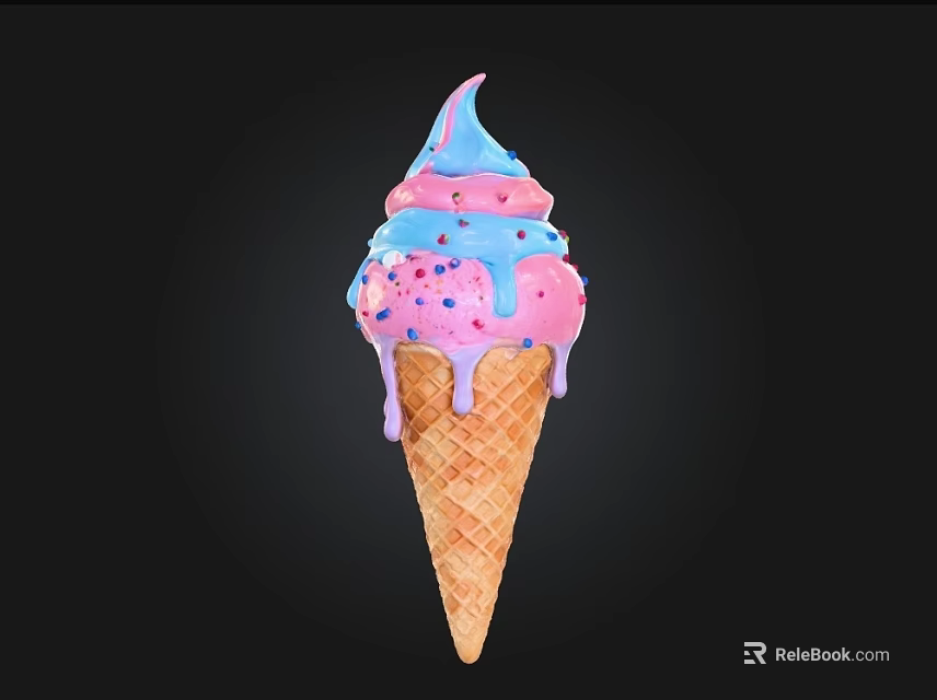 Colorful Ice Cream In Waffle Cone With Pink And Blue Swirls And Sprinkles 3d model 
