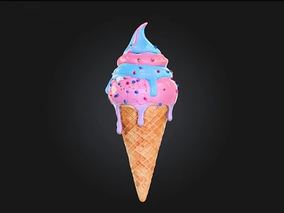 Colorful Ice Cream In Waffle Cone With Pink And Blue Swirls And Sprinkles 3d model