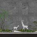 Courtyard Garden with Gray Stone Wall White Deer and Lush Green Plants