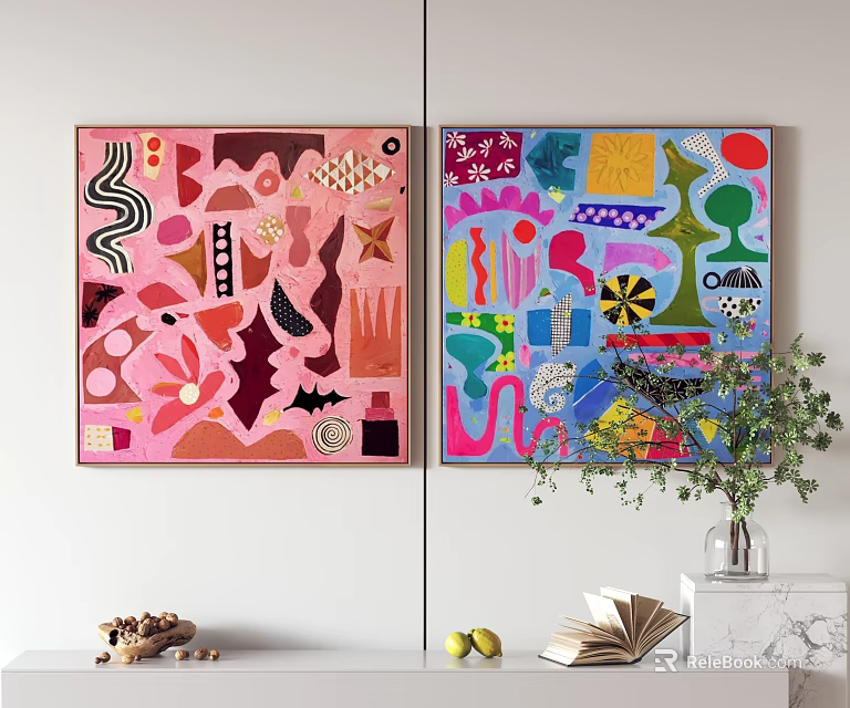 Colorful Abstract Paintings As Wall Art In Modern Living Room With Decor Plants Books Fruits 3d model