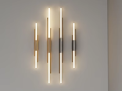 Modern Metal Wall Lamps In Gold Black On Light Colored Wall With Soft Glowing Light 3d model