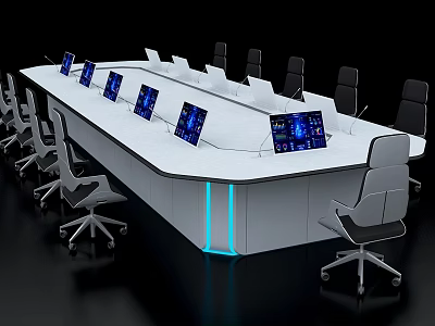 Modern Conference Table With Multiple Laptops And Ergonomic Office Chairs 3d model