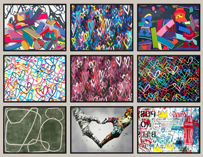 Vibrant Colorful Abstract Paintings With Diverse Patterns Hearts And Geometric Designs 3d model 