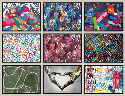 Vibrant Colorful Abstract Paintings With Diverse Patterns Hearts And Geometric Designs 3d model