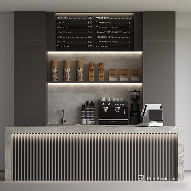 Sleek Coffee Bar Counter With Menu Board Coffee Jars Machine Cash Register And Light Strips 3d model 