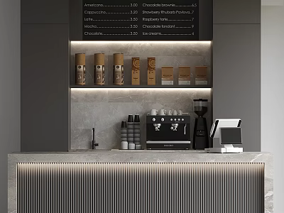 Sleek Coffee Bar Counter With Menu Board Coffee Jars Machine Cash Register And Light Strips 3d model