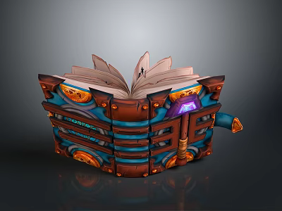 Enchanted Magic Book Household Item With Brown Cover Blue Accents Glowing Light And Open Pages 3d model