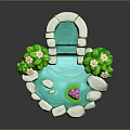 Cartoon Scene With Stone Border Small Stream Lotus Flower Green Leaves And White Blossoms