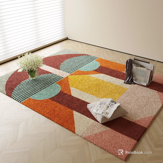 Square Area Rug with Colorful Geometric Patterns on Wooden Floor with Vase Magazine and Basket 3d model 