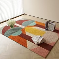 Square Area Rug with Colorful Geometric Patterns on Wooden Floor with Vase Magazine and Basket