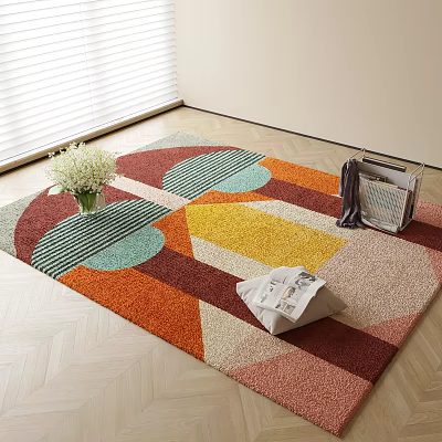 Square Area Rug with Colorful Geometric Patterns on Wooden Floor with Vase Magazine and Basket 3d model