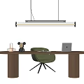 Modern Wooden Desk With Cylindrical Legs Green Chair Laptop And Pendant Light