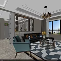 Modern Dining Room Featuring Stylish Chandelier White Table And Blue Chairs