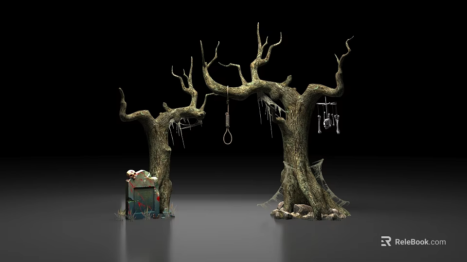 Dead Trees Archway Spooky Photo Spot with Cobwebs Vintage Cart and Hanging Decor 3d model 