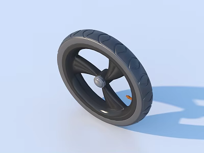 Black Rubber Tire with Tread Pattern and Metal Rim on Light Blue Background 3d model