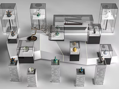 Modern Transparent Glass Display Shelves for Decorative Vases on Stone Bases with Various Shapes 3d model