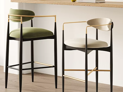 Modern Bar Stools With Green Beige Upholstery And Black Gold Metal Frame 3d model