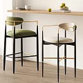 Modern Bar Stools With Green Beige Upholstery And Black Gold Metal Frame