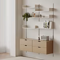 Modern Bookshelf Design With Open White Shelves Wooden Drawer Units And Decorative Items