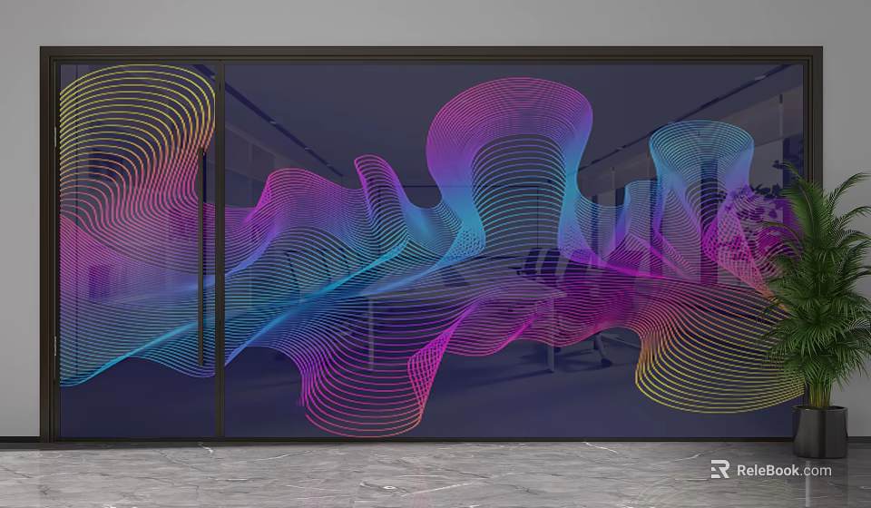 Glass Room Divider With Vibrant Wavy Lines Modern Interior Design 3d model 