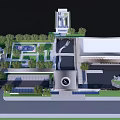 Modern Garden Landscape With Waterfall Sculptures Paved Area And Greenery