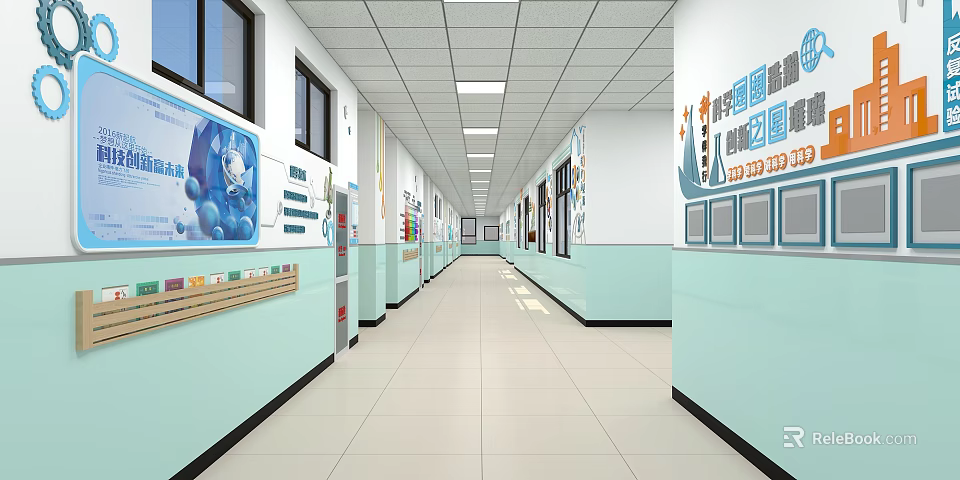 Bright School Corridor Featuring Wall Decorations Posters Lockers Windows and Lights 3d model 