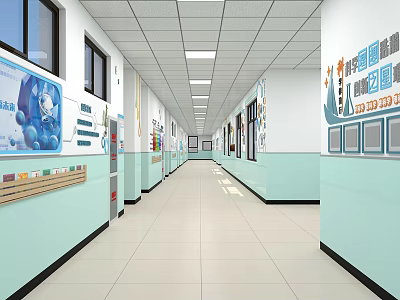 Bright School Corridor Featuring Wall Decorations Posters Lockers Windows and Lights 3d model
