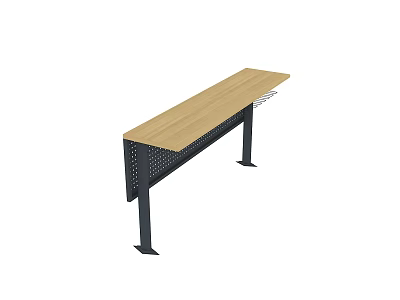 Modern Wooden Top Desk Design With Black Metal Legs And Mesh Side Rack 3d model