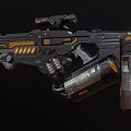 Black And Yellow Sci Fi Weapon With Scope And Mechanical Ammunition Cylinder