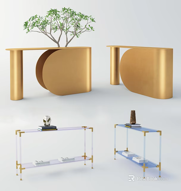 Modern Console Tables With Gold And Glass Design Featuring Decorative Plants And Books 3d model 