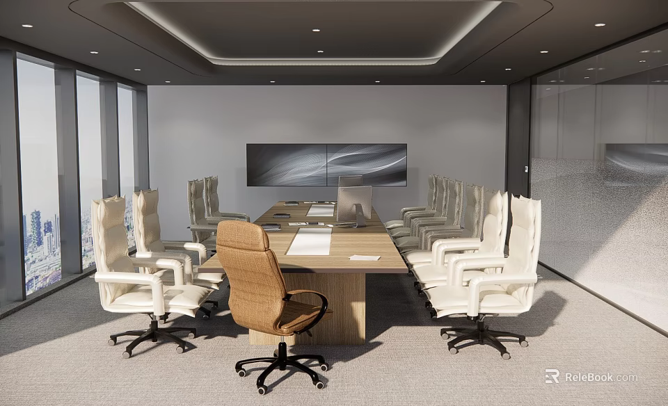 Modern Conference Room Interior Design With Long Wooden Table White Brown Chairs And Large Screen 3d model 