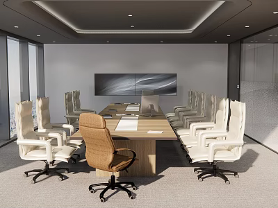Modern Conference Room Interior Design With Long Wooden Table White Brown Chairs And Large Screen 3d model