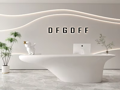 Elegant Modern Curved White Reception Desk With Laptop Green Plants And Wavy LED Light Wall 3d model