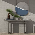 Entry Console Table With Circular Decorative Mirror Mountain Pattern Bonsai Plant And Beige Textured Wall 3d model