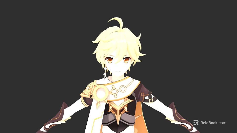 Game Anime Character With Blonde Short Hair Orange Eyes Golden Outfit Holding Sword 3d model 
