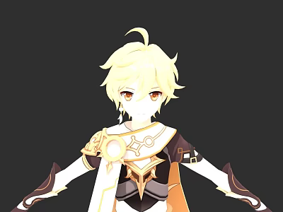 Game Anime Character With Blonde Short Hair Orange Eyes Golden Outfit Holding Sword 3d model