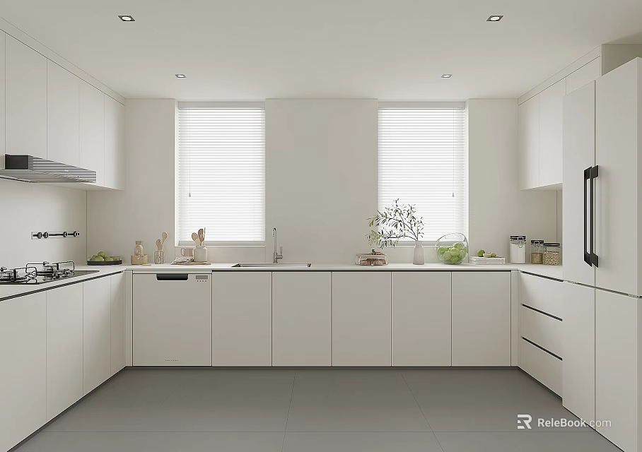 Modern White Kitchen Interior With Clean Cabinets Windows With Blinds And Countertop 3d model