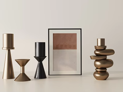 Modern Decorative Ornament Set With Gold Black Pieces Conical Stacked Designs And Framed Artwork 3d model